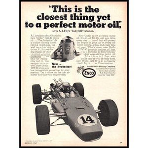 1967 Enco Uniflo Motor Oil Vintage Print Ad Indy Open Wheel Racing Wall Art